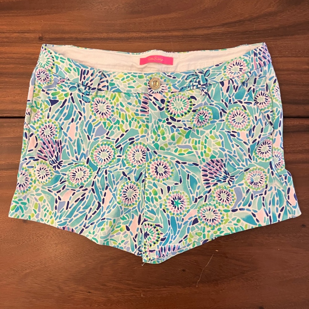 Lilly Pulitzer Blue & Green Floral Mosaic High-Waist Shorts